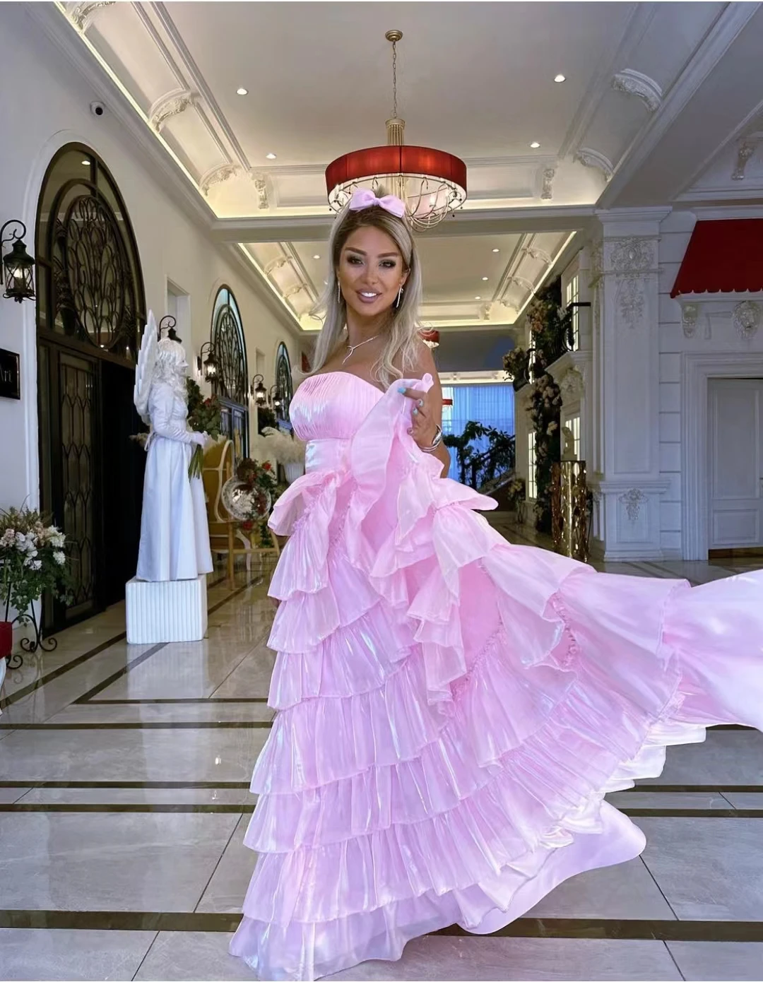 

AsaNagi Shiny Satin Baby Pink Prom Dresses Strapless Ruffles Floor-Length Women Elegant Ball Gown 2023 vestidos de noche