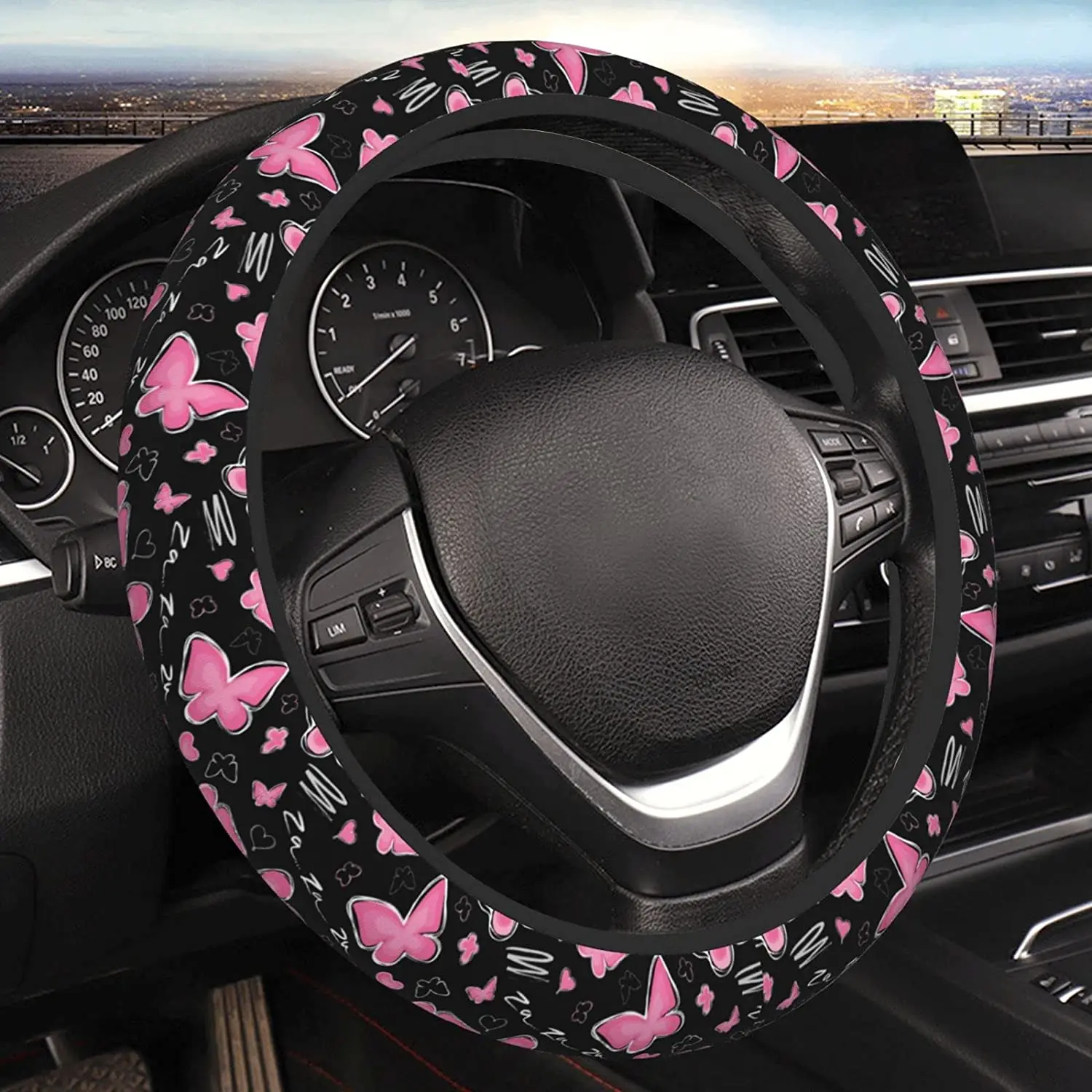 Women Butterfly Pink Steering Wheel Cover Universal 15 Inches Steering