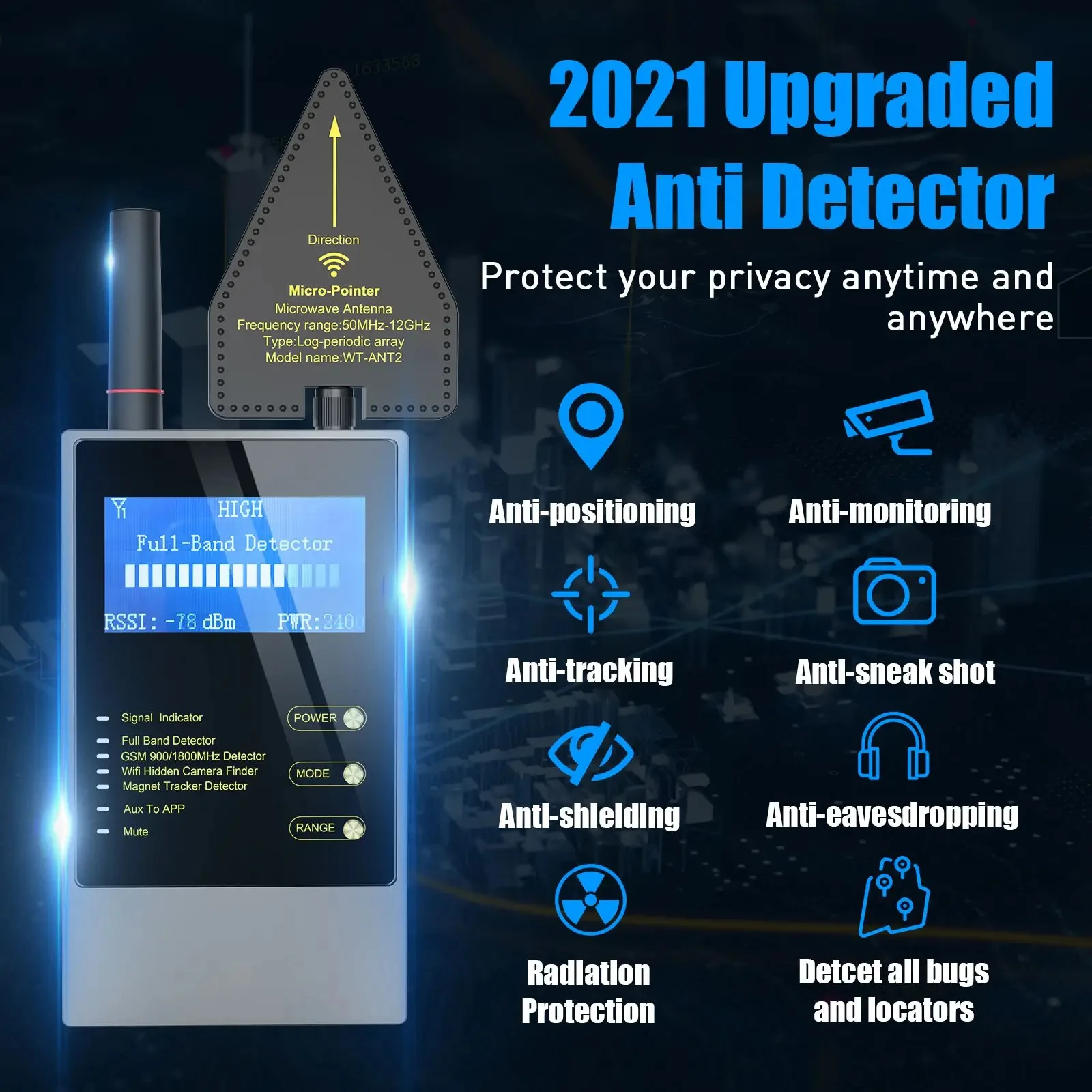 Wireless Audio Bug GPS Camera Detector Finder Bug Detector RF Signal Detector Anti Tracking Strong Magnetic Detector