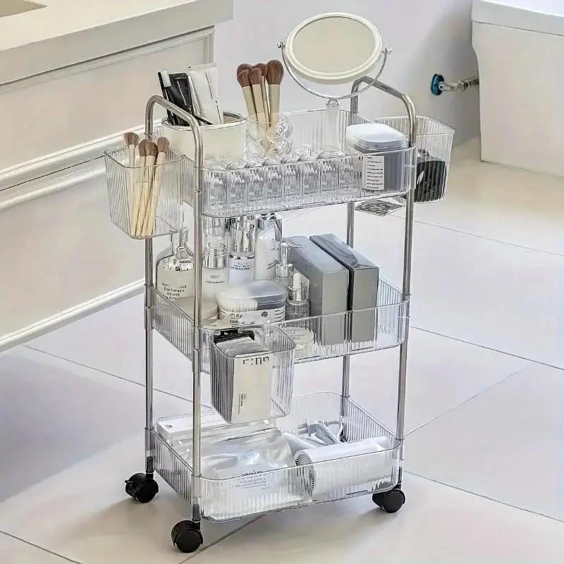 1pc Storage Rack, Acrylic Transparent Trolley with Wheels, Large Capacity Storage Organizer with Removable Hanging Baskets