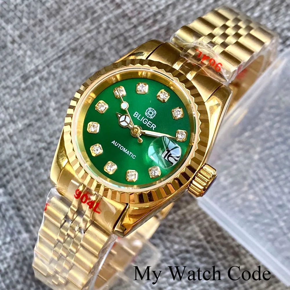 Two Tone Silver Gold Lady Watch NH05 Automatic Movement Steel Wristwatch Fashion SUnburt Green Dimond-like Markers Reloj Mujer