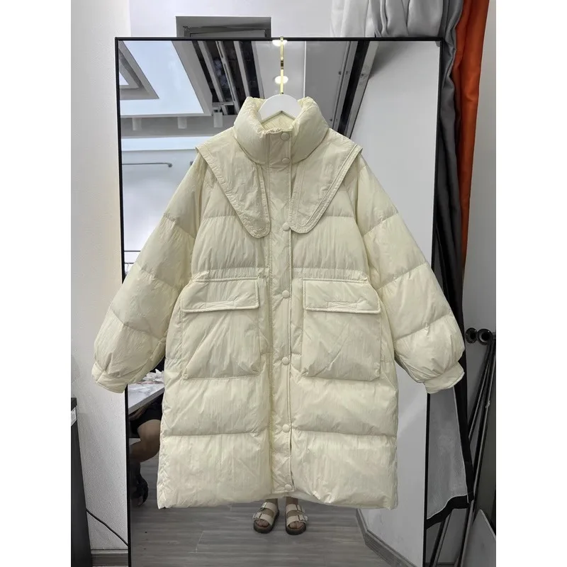 

Sailor Collar Waist-Tight Mid-Length Women's White Duck down 2023 Fall Winter Trend Thick below the Knees Easy Matching Coat dow