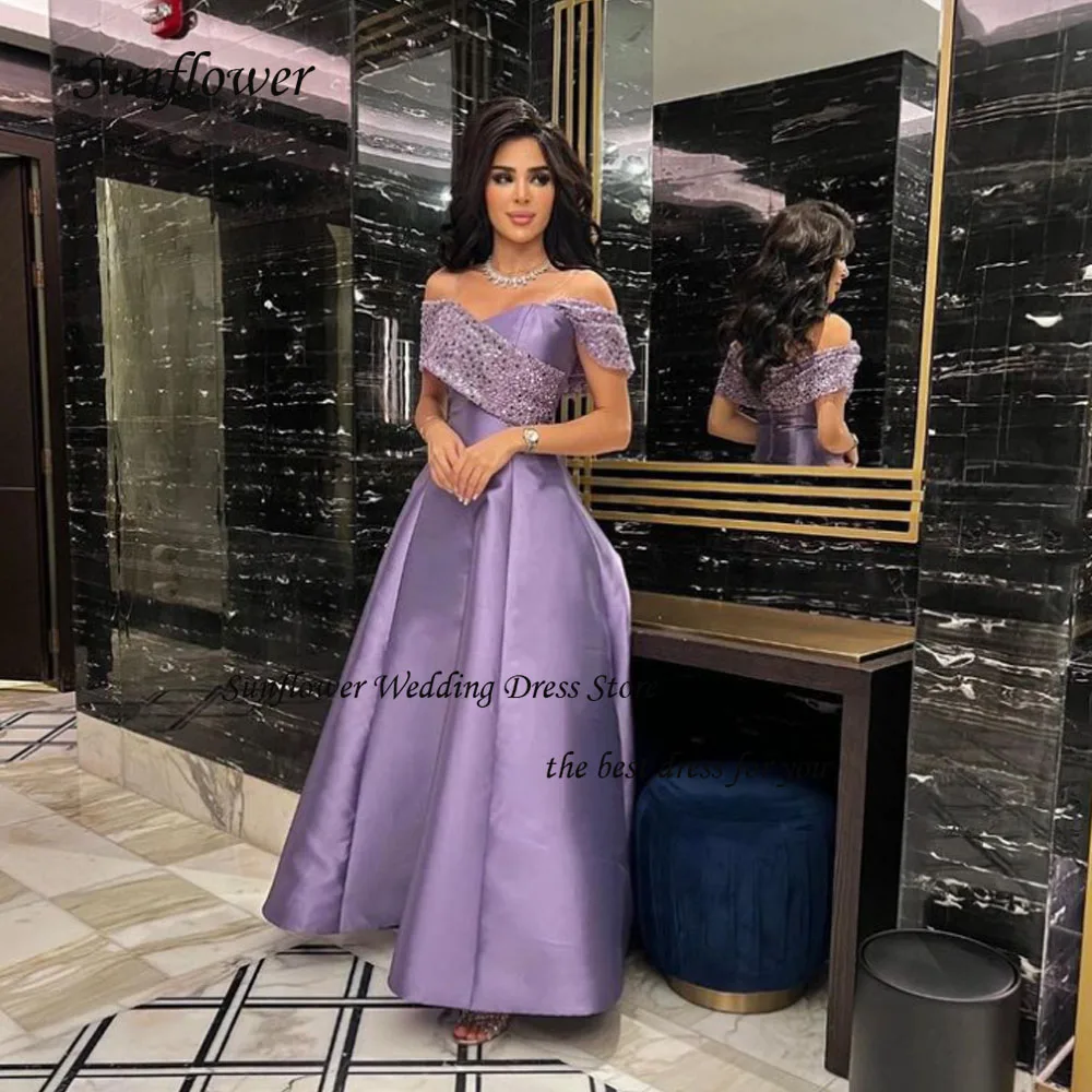 

Sunflower Beading Off the Shoulder A-LINE Formal Evening Dress 2023 Slim Pleat Satin Ankle-Length High-end Custom Prom Gowns