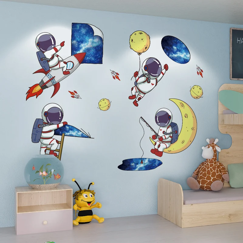 Astronauts Rockets Wall Stickers Vinyl Diy Planets Wall Decals For Kids Rooms Baby Bedroom Children Nursery Home Decoration