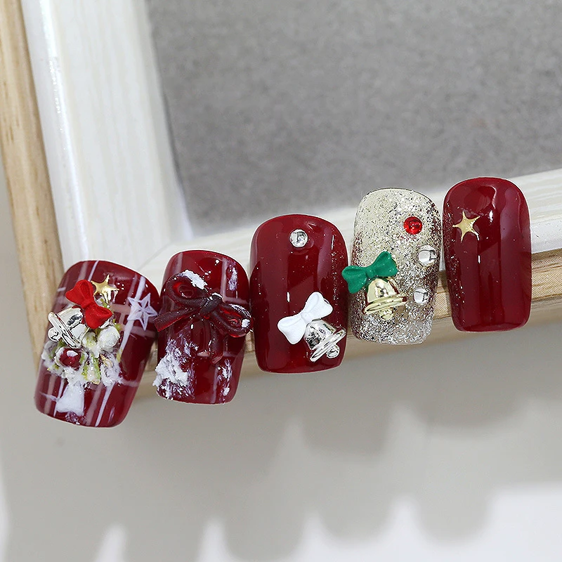 5PCS Christmas Alloy Nail Charms 3D Flat Back Bow Bell Rhinestones Colored Mini Jewelry DIY Nail Art Festive Manicure Decoration
