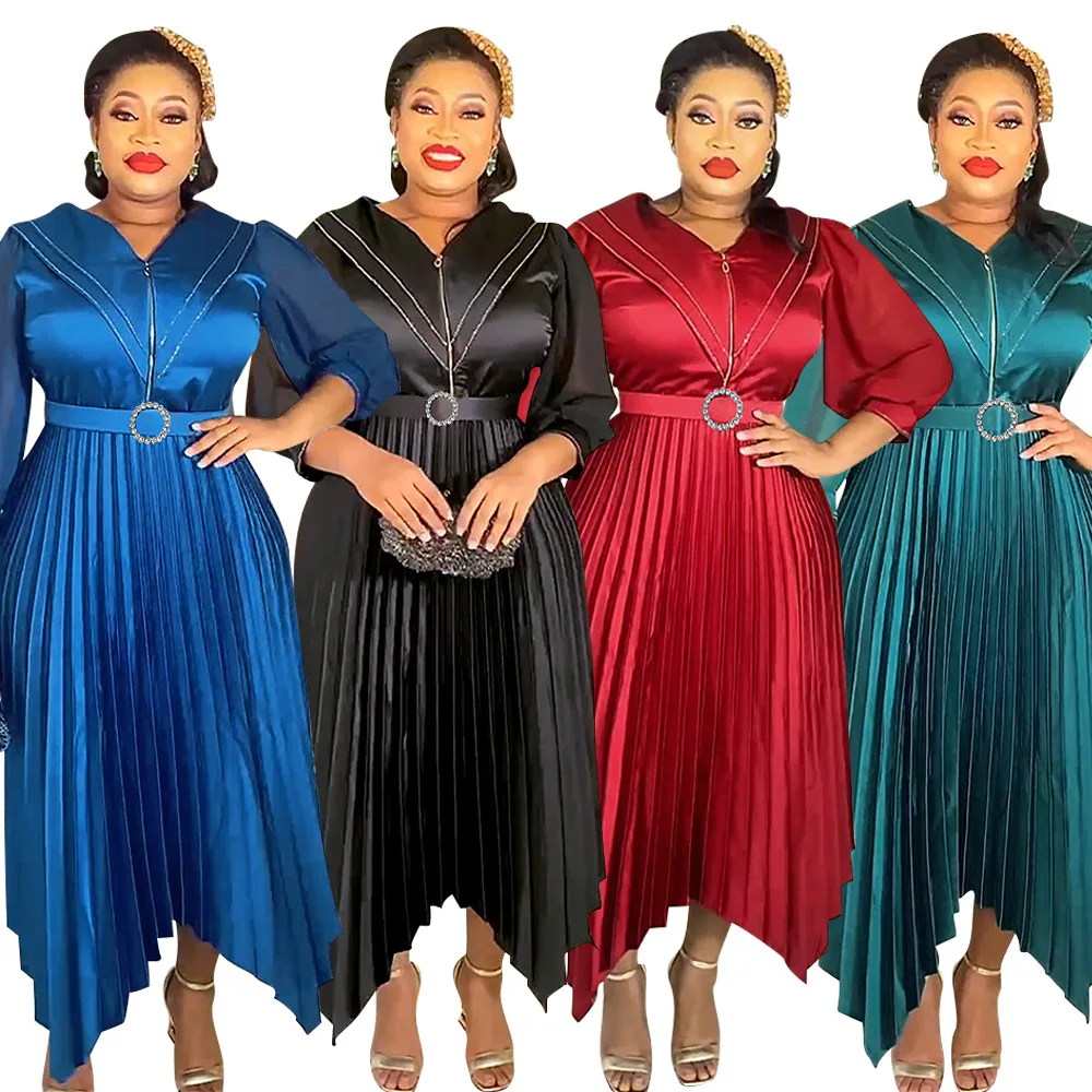 

Women African Dresses Lantern Sleeve V Neck Party Dress Gorgeous Belt Vestidos Kanga Traditional Spliced Solid Pleated Loose