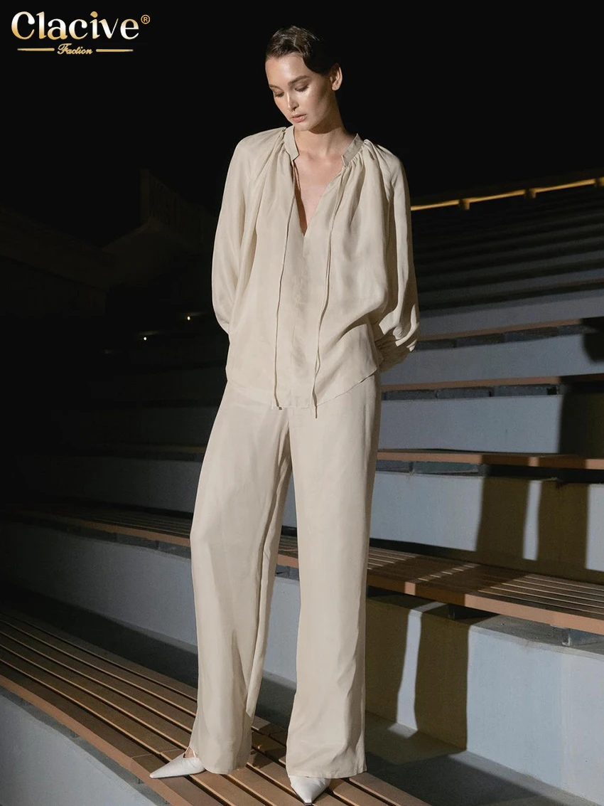 

Clacive Casual Loose Khaki 2 Piece Sets Women Outfit 2024 Fashion Long Sleeve Top With High Waist Pants Set Female Streetwear