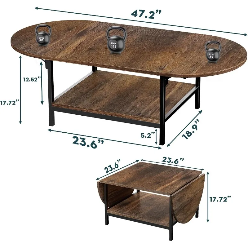 Coffee Table 2-Tier Small Folding Coffee Tables with Storage for Living Room Mid Century Center Table Vintage 3