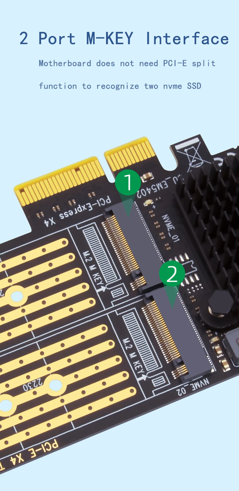 Description Picture 6 of itemSplit-free 2Port M2 NVME PCIE Adapter for NVMe SSD M Key B&M Key to PCI Express X4 Expansion Card Riser with Low Profile Bracket