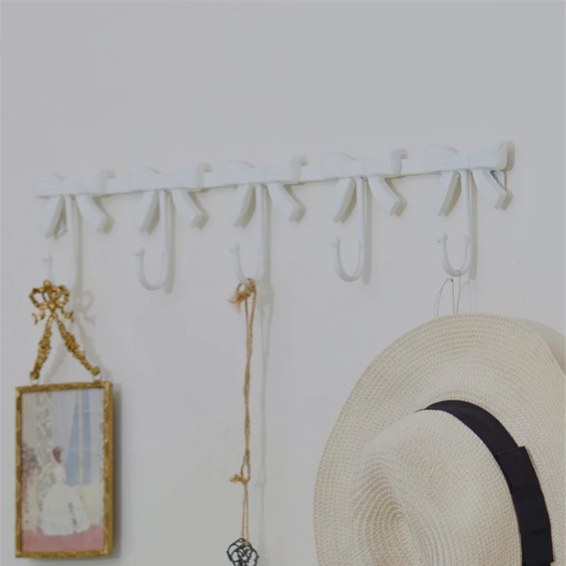 Pink Bow Wall Coat Racks Hanging Clothes Bag Long Strip Hook Entrance Door Keys Holder White Bathroom Wall Hangers Room Decor 5