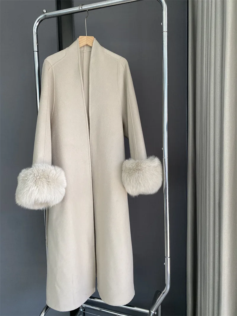 

Женское кашемировое пальто, зимнее пальто из натурального меха лисы с воротником из натурального меха лисы, 2024