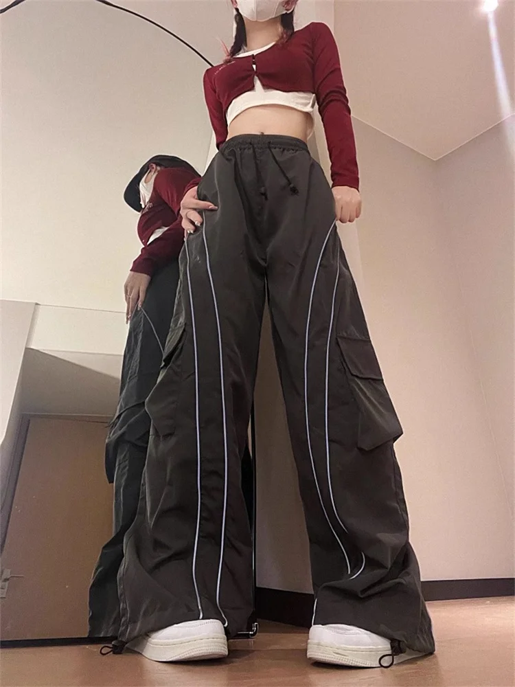 QWEEK Y2K Streetwear Black Cargo Pants Women Hip Hop Striped Oversized Track Pants American Retro Basic Wide Leg Sweatpants