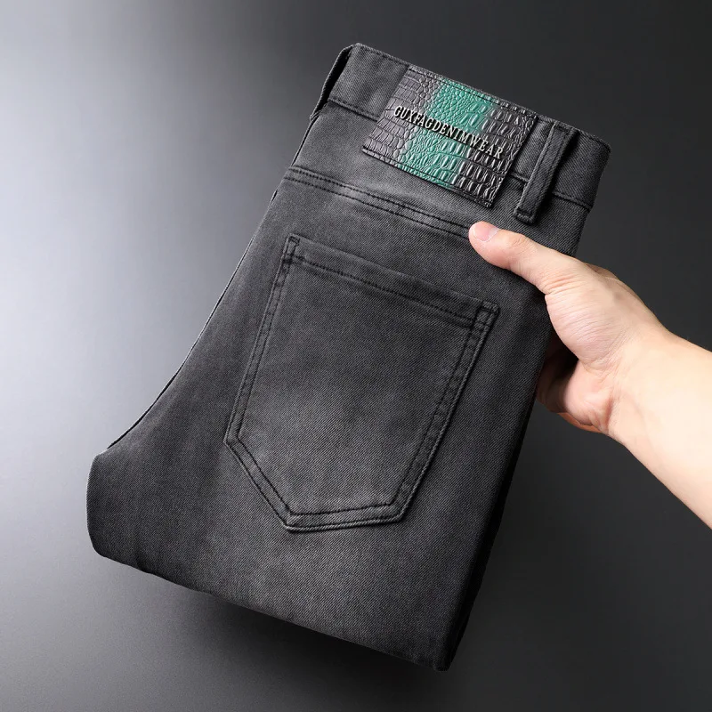 2024 autumn and winter Grey jeans men's thick elastic trend slim fit skinny casual all-match high-end and fashionable pants 2