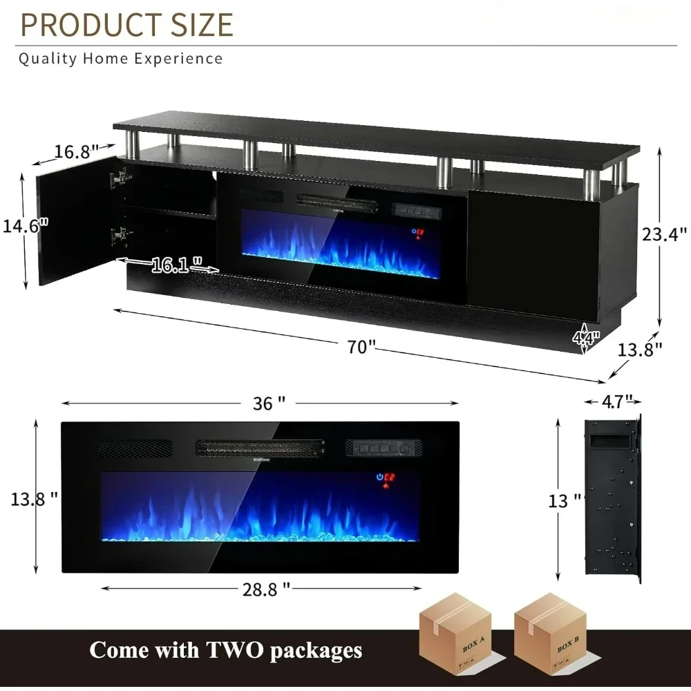 70" Fireplace TV Stand, with Electronic Flame and LED Lights, Luxury High Gloss Finish Entertainment Center, TV Console Cabinet 2