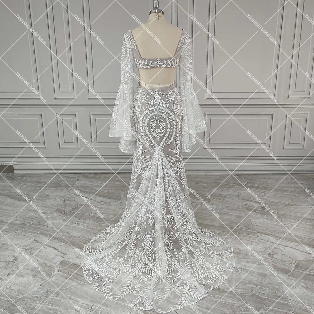 Boho Long Batwing Sleeves Lace Wedding Dress Drop Ship Customized Mermaid Rustic Beach 2026 Square Neck Open Back Bridal Gowns