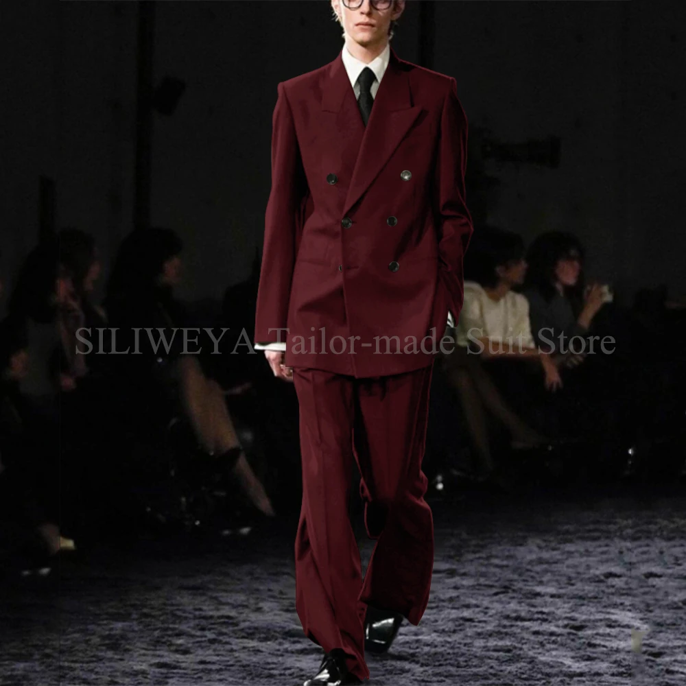 Smart Causal Grey Suit For Men Double Breasted Peak Lapel Loose 2 Piece Jacket Pants Office Daily Prom Terno Masculinos Completo mens suit