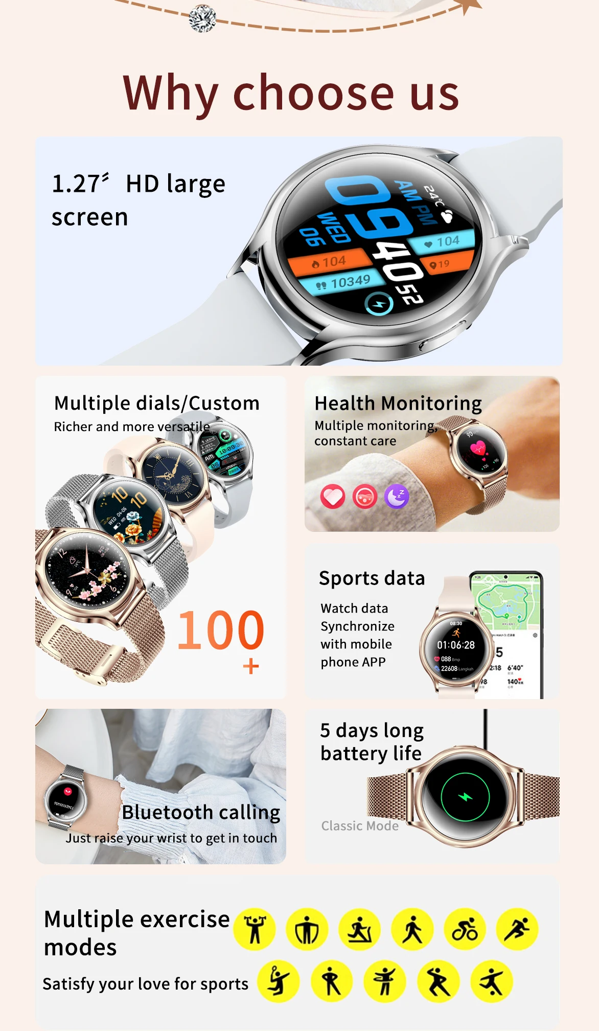 Smartwatch Women 1.27 Inch Bluetooth Call Smart Watch Custom Dial Watches Heart Rate Tracker Female physiology For Android IOS 2