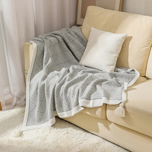 Ethnic Style Sofa Cover Blanket, Knitted Blanket, Herringbone Patterned Air Conditioning Blanket, Tassel Nap Blanket 3