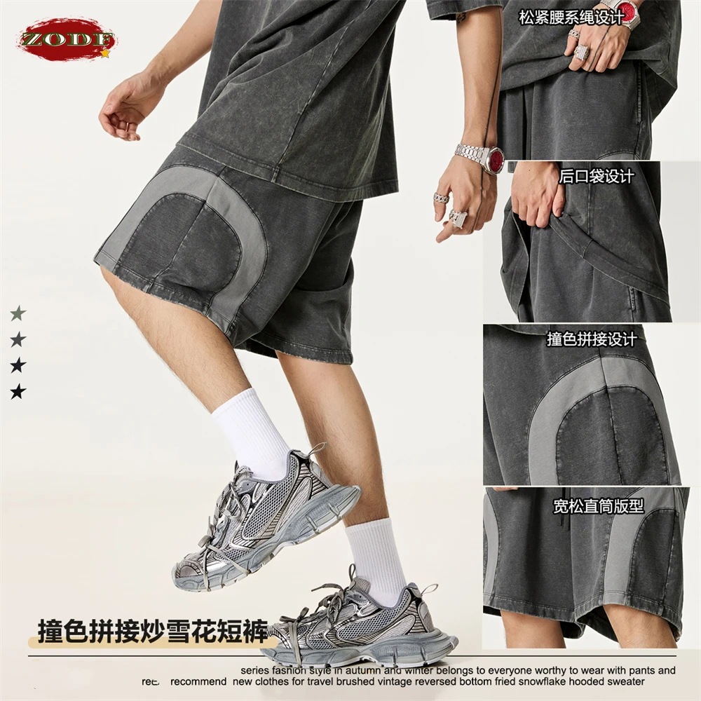 ZODF 2025 Summer Patchwork Washed Cotton Shorts For Men Unisex Retro Y2K High Street Distressed 330gsm Shorts Streetwears HY1057 2