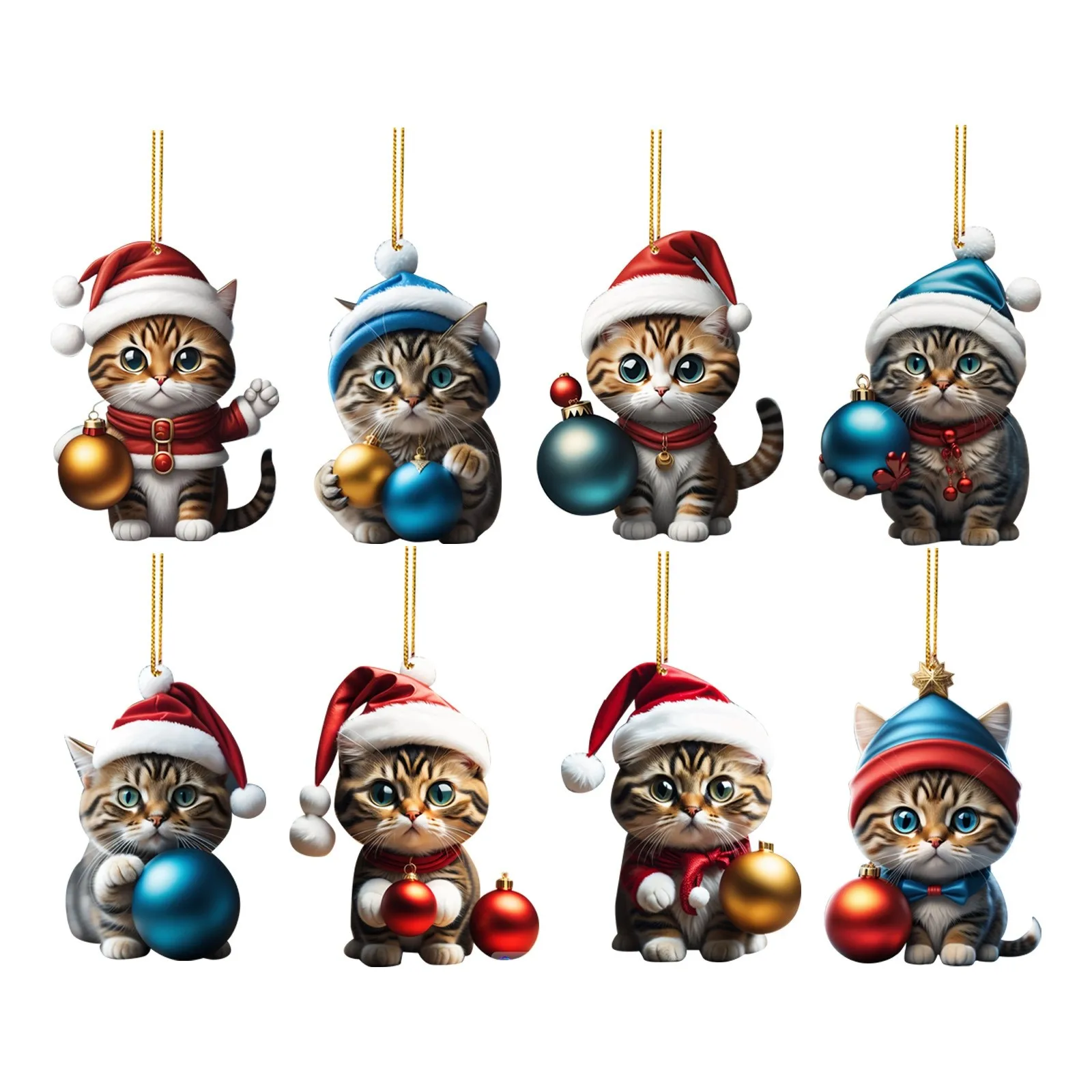 

6/8pcs Christmas Tree Decorations Acrylic Cartoon Funny Cat Hanging Ornament Pendant With Kitty Printed Pattern 2D Wholesale