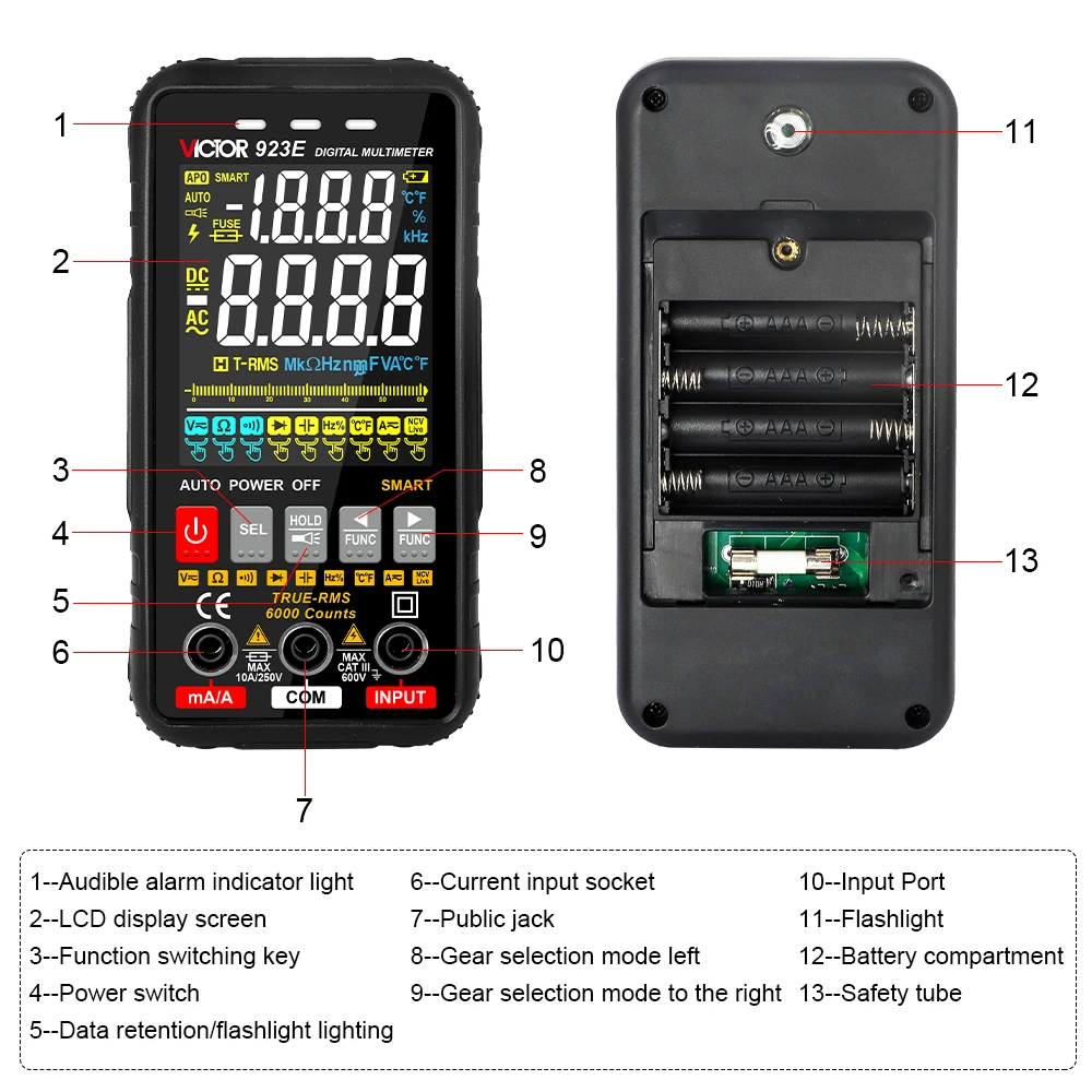 Victor 923E Digital Multimeter Colorful Screen 6000 Counts Voltage Current Amperes Resistance Capacitance Temperature Smart Test