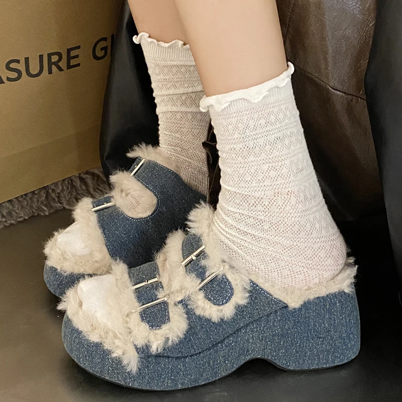 

Winter Women Thick Bottom Fur Buckle Design Shoes Wedges Fashion Slippers Warm Soft Indoor Slippers Casual Outdoor Shoes Female