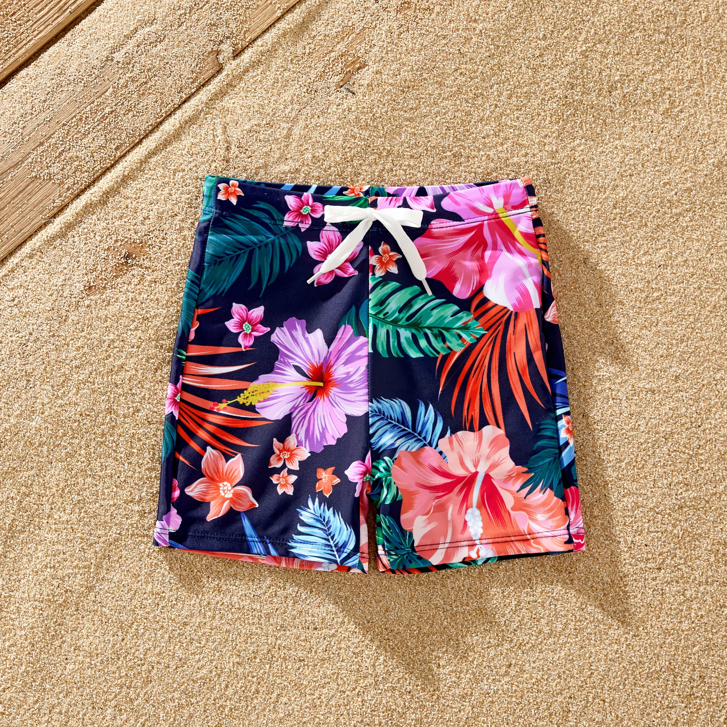 PatPat Family Matching Tropical Floral Drawstring Swim Trunks or Ruched Drawstring Side One-Piece Strap Swimsuit 3