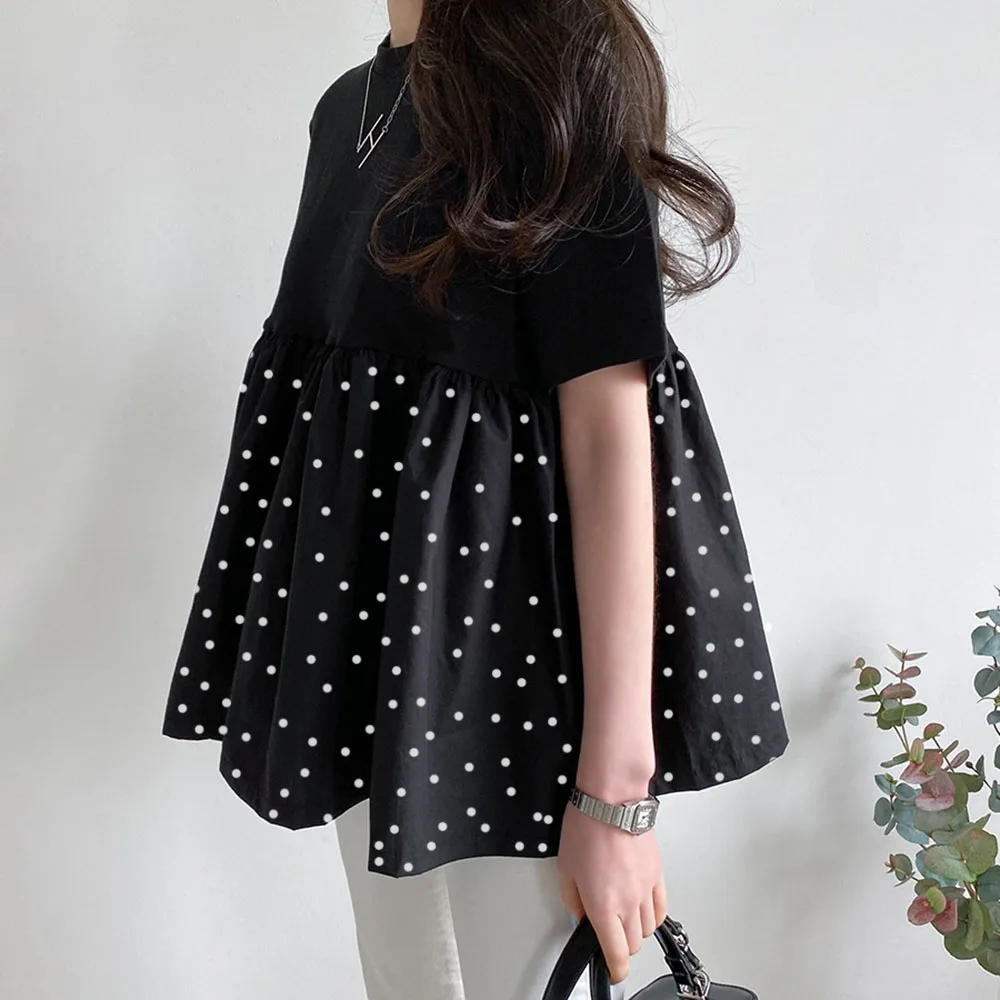 Korean Fashion Stitching Dots T-shirt Women Casual Loose Short-sleeved Blouse Spring Summer New Ladies Black Pullover Tops 2022 | Женская