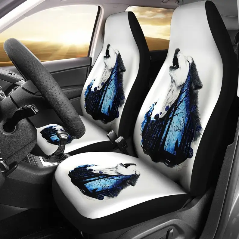 

White Multicolored Wolf, Car Seat Cover, 2 Front Seat Covers, Emo Goth Punk, Car Accessories, Floral, Car Covers, Gift For Her