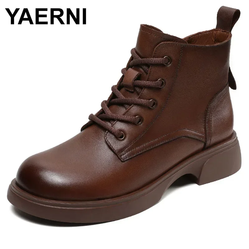 

2024 Autumn Winter Warm Women Genuine leather Boots Plus Velvets Cow Leather Ladys Work Botas