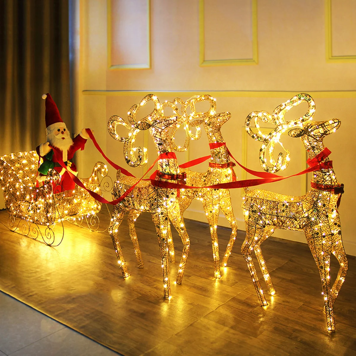 Christmas Gold Reindeer Sleigh Led Light Iron Sleigh Cart Home Garden Yard Ornament Outdoor Navidad Decor Arbol De Navidad