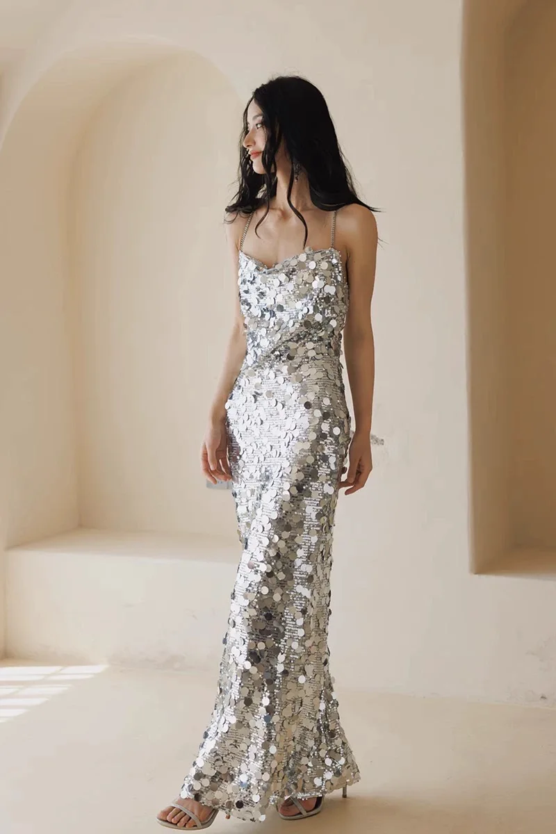 Silver Celebrity Dresses Ribbon Mermaid Shiny Sequins Sexy