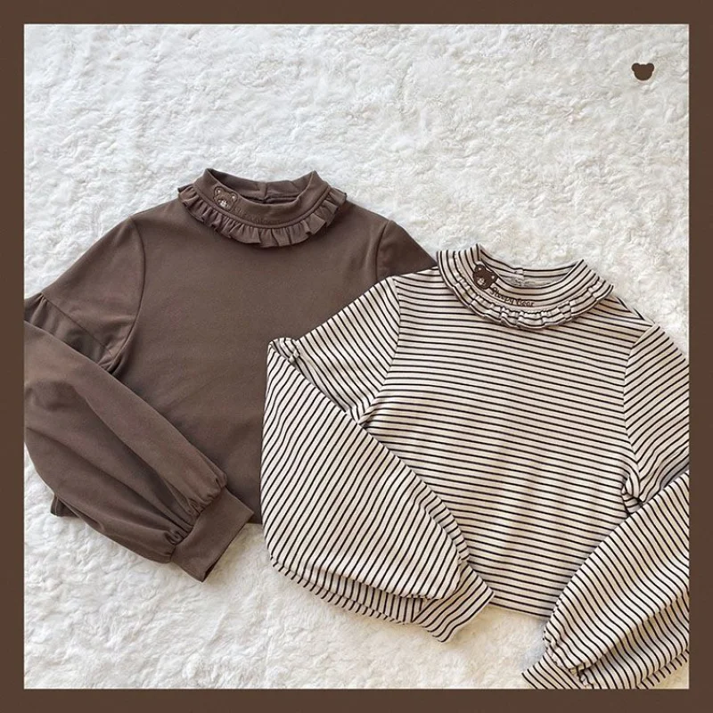 

Autumn Kawaii Bear Embroidered Collar Tops Women Japanese Vintage Soft Girl Striped Lantern Sleeve Sweatshirt Cute Pullover