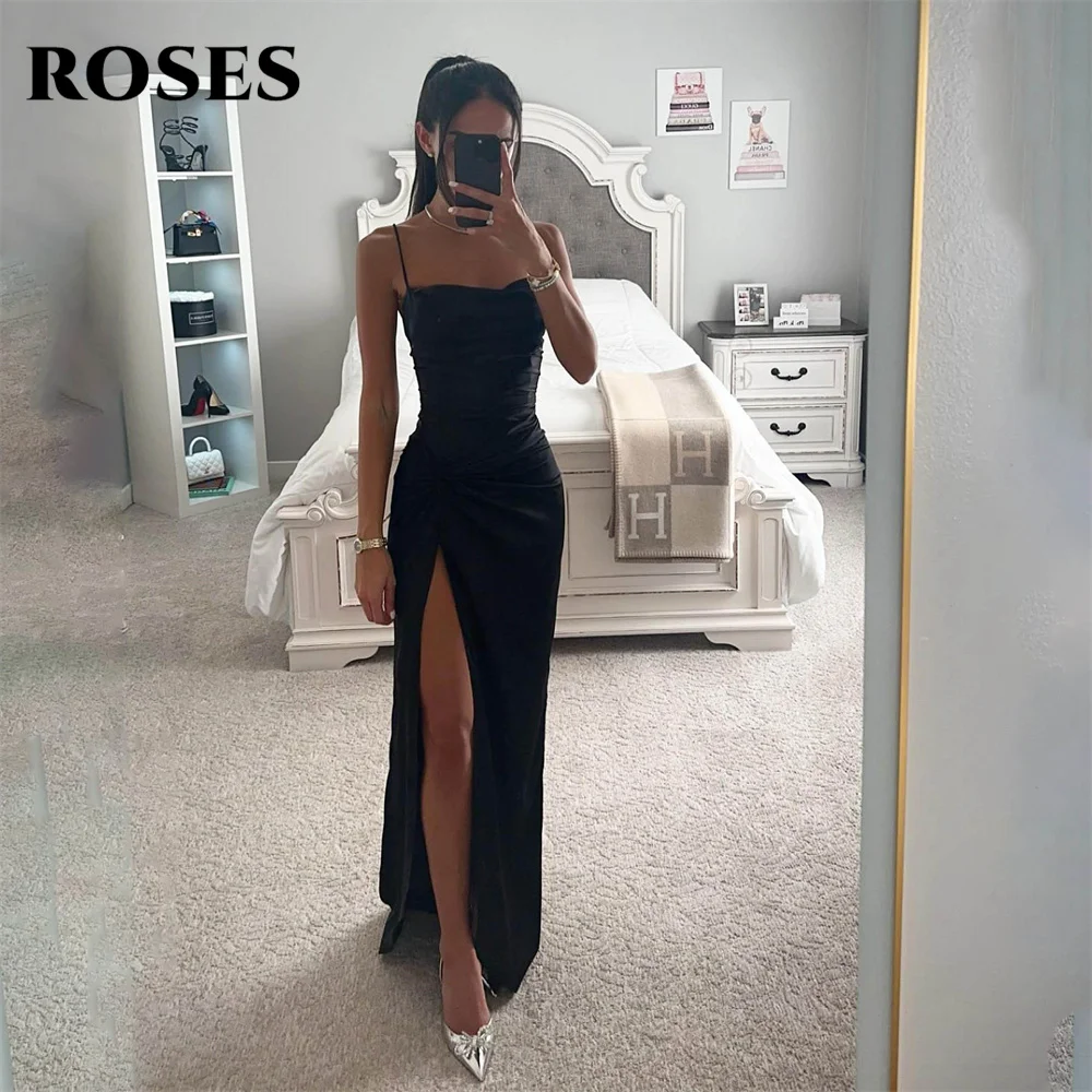 

ROSES Black Mermaid Evening Dress Gown Chic Woman Spaghetti Strap Ball Gown Side Split Stain Night Dresses Gown robes de soirée