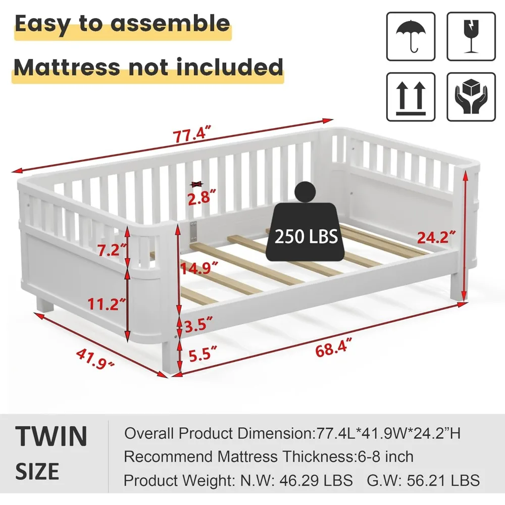 Twin Size Kids Bed with Rails, Wooden Low Beds Frame with Slats Support, Modern Twin Daybed with Detachable Side Rails 3