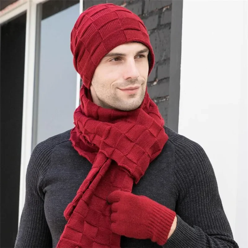 Men Knitted Long Scarf Hat Gloves 3 Piece Set Winter Warm Plush Protection Ear Cap Scarves And Touchscreen Gloves
