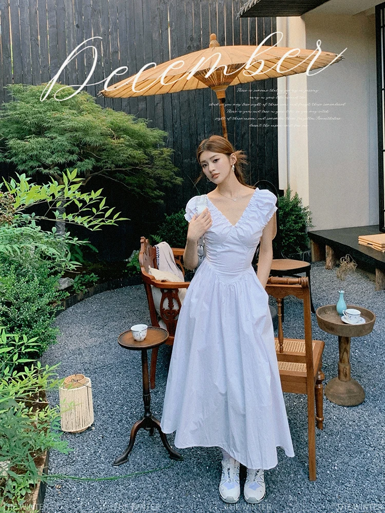 Casual Solid Midi Dresses for Women Korean Chic V-neck Backless High Waist Puff Sleeve A-line Party Dress Summer Vestidos Mujer