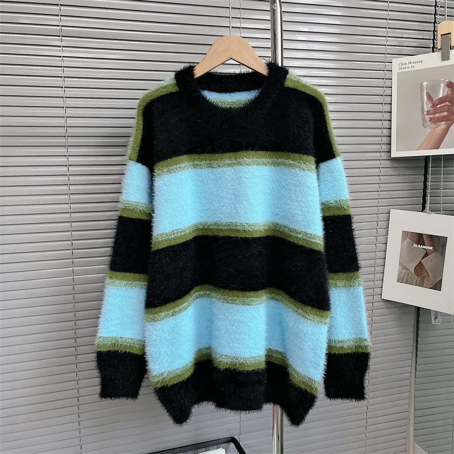 

black blue striped knit pullovers for women Soft Knitted Sweater full sleeves Mohair Loose Striped Top jumper cardigans