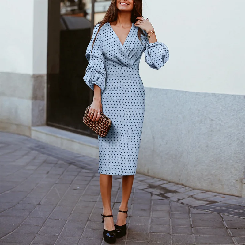 

Women Polka Dot Printing Dress For Party 2023 Blue Mid-sleeve Elegant Fashion Midi Prom Dresses V-neck Chic Sexy Ladies Clothing