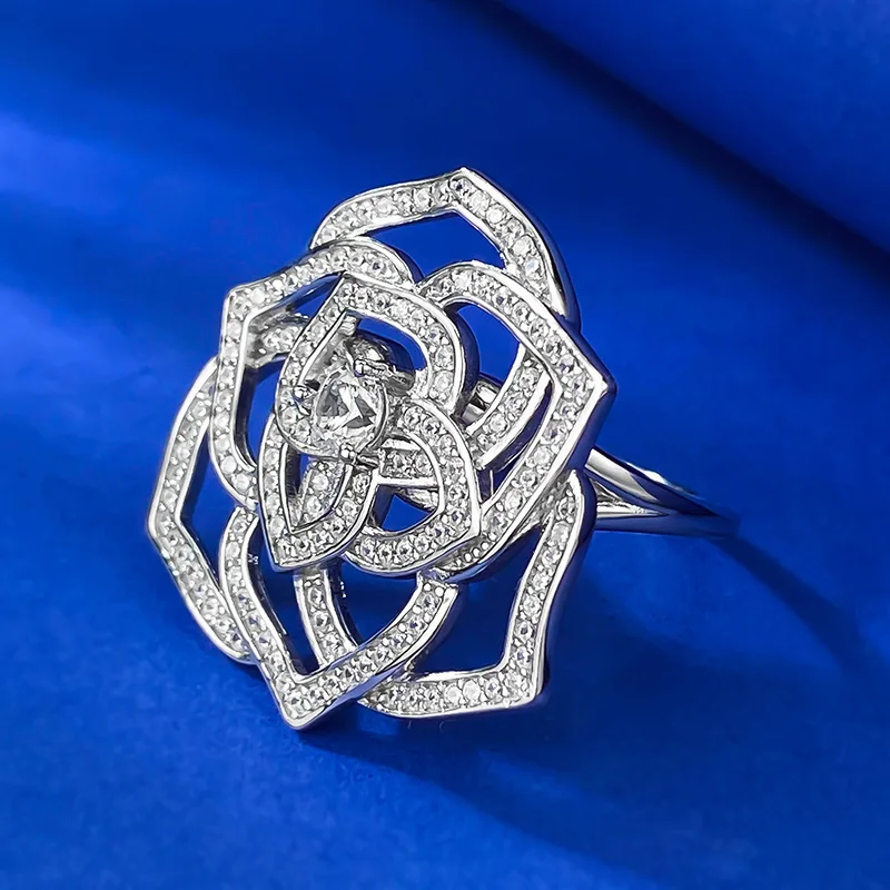 S925 Silver Mountain Camellia Ring Women's Rose Ring Temperament Simple and Advanced Sense Fashion Celebrity Style