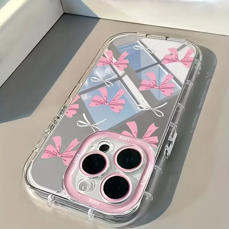 Korean Simple Blue Pink Bow Girl Mirror Cute Phone Case Cover