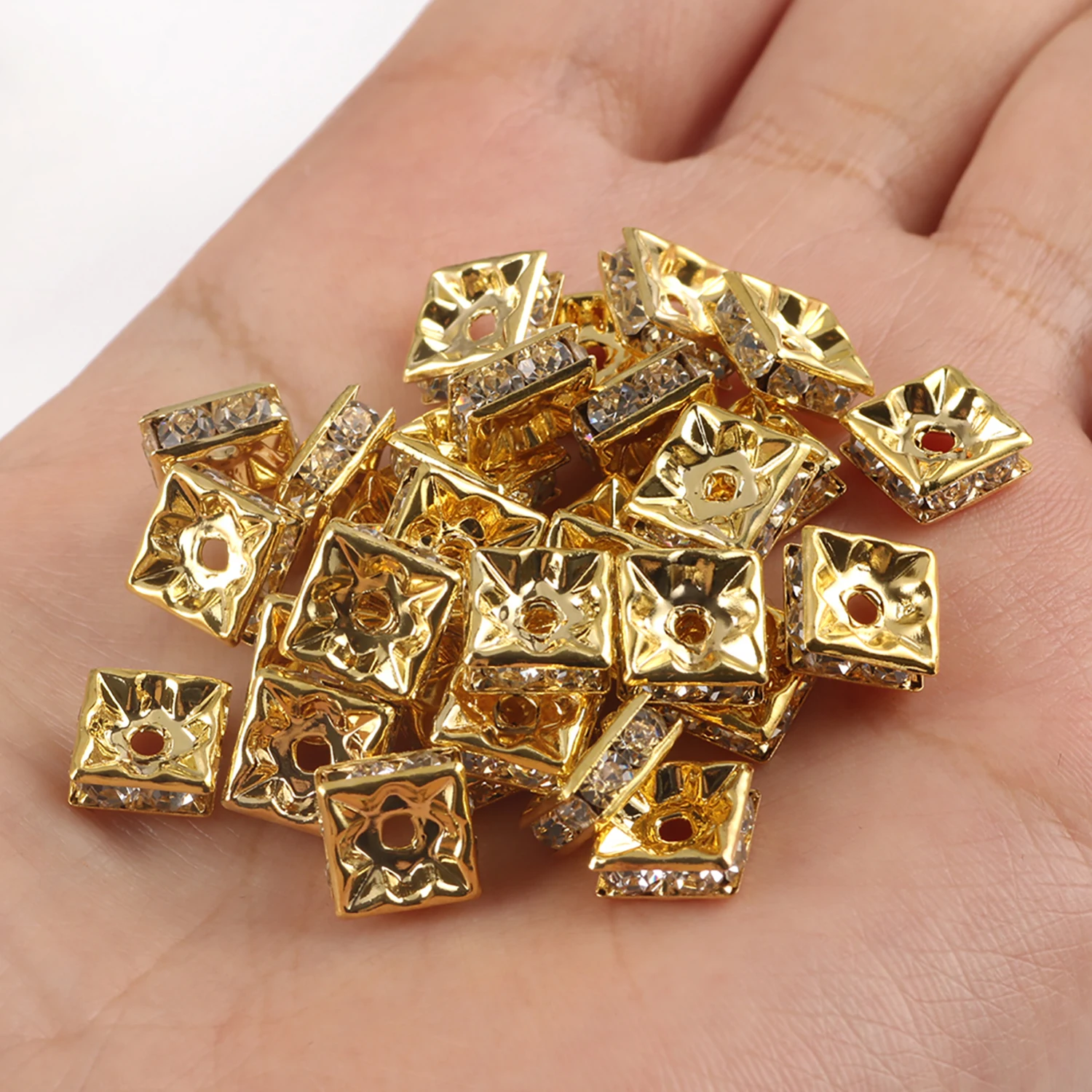 50pcs Square Rhinestone Crystal Spacer Beads 6 8mm Silver Plated Rondelle Loose Beads for DIY Bracelets Jewelry Making Crafts