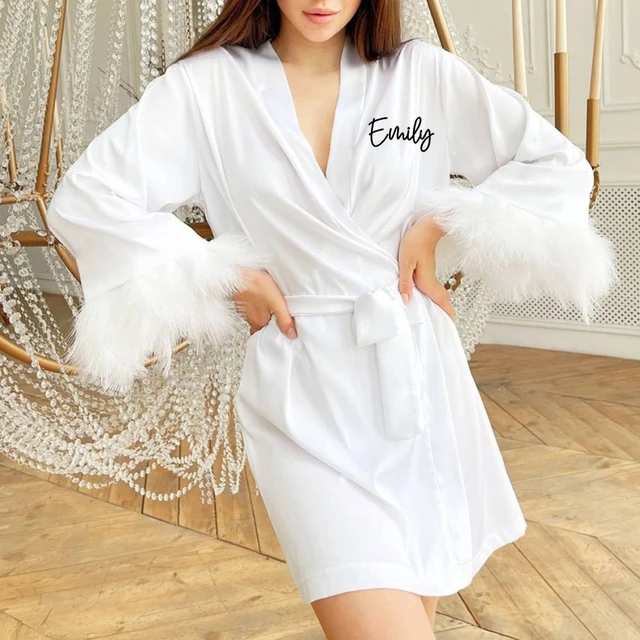 Custom Bride Robe with Feather Personalized White Feather Robe