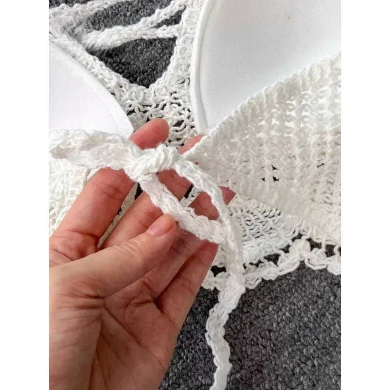 2024 New Knit Two Piece Sets Women Summer Vacation Backless Camisole Elastic Waist Shorts Hollow Out Y2K Beach Style Suits