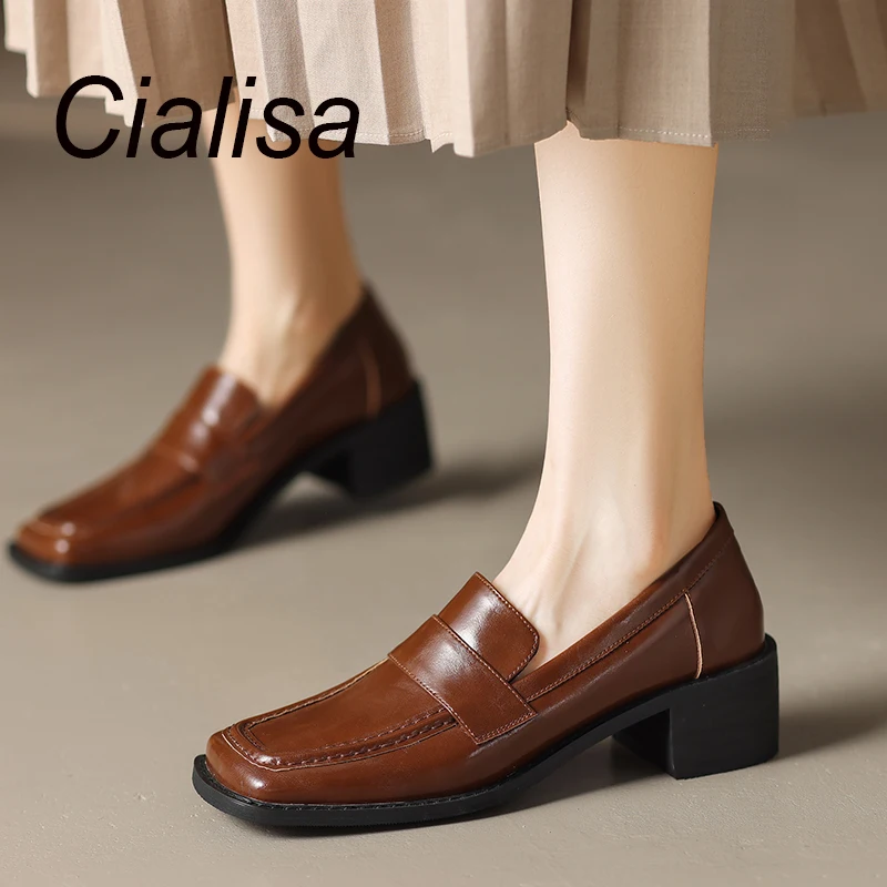 

Cialisa Newest Shoes Women 2023 Autumn Concise Loafers Square Toe Genuine Leather Mid Heels Handmade Casual Lady Footwear Black