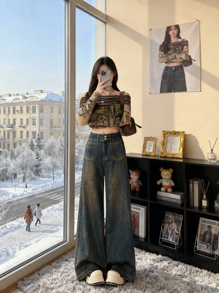 Fce Lined Thi Wide Leg Denim Jeans High Waist Straight Cut Loose Fit Retro Sle for Pear aped Women Autumn Winter New...