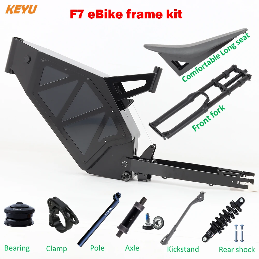 KEYU New eBike Frame F7 kit + long motorcycle seat + Front fork kit set for enduro ebike stealth bomber electric bike Diy kit