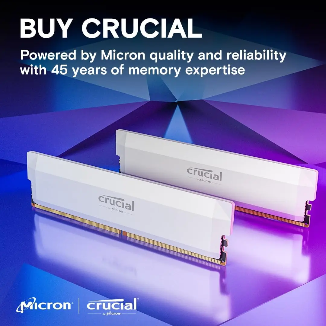 Crucial Pro DDR5 RAM 키트, 32GB 6000MHz, 오버클러킹 데스크탑 게이밍 메모리, 인텔 XMP 3.0 및 AMD Expo 호환-흰색