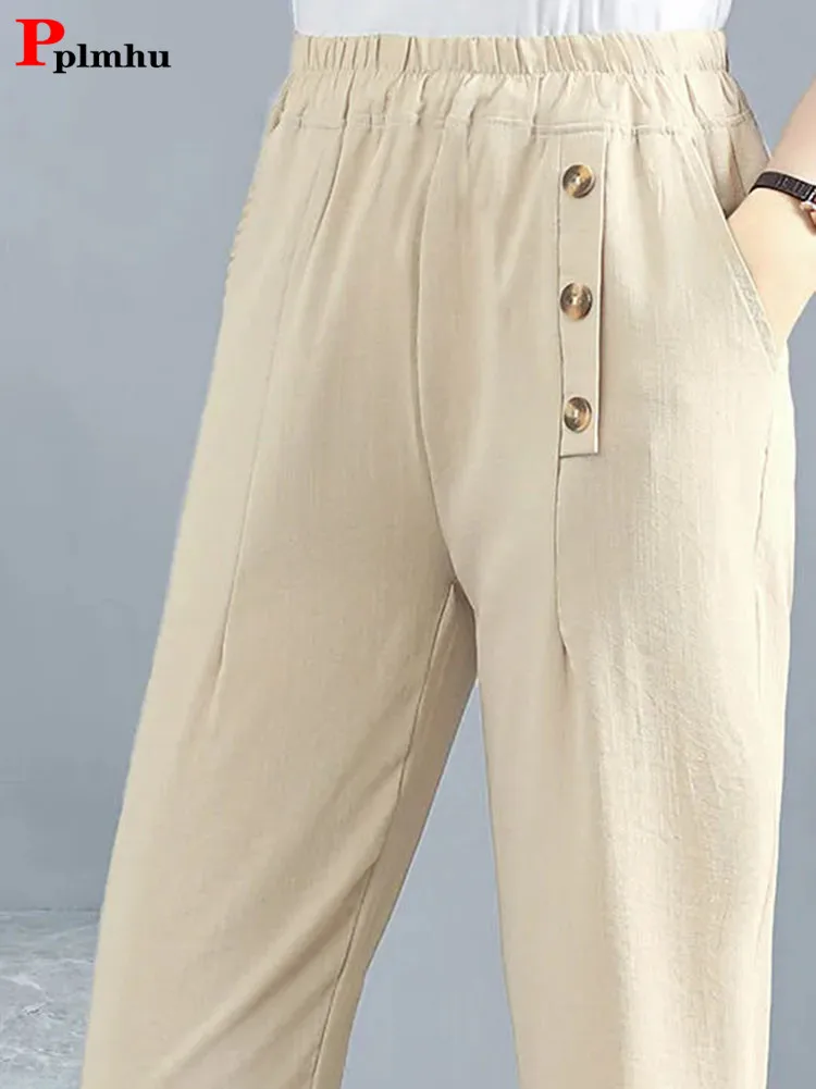 

High Waist Cotton Linen Pencil Pants Baggy Causal Harem Pantalones Vintage Mom Ankle-length Trousers Thin Big Size 4xl Spodnie