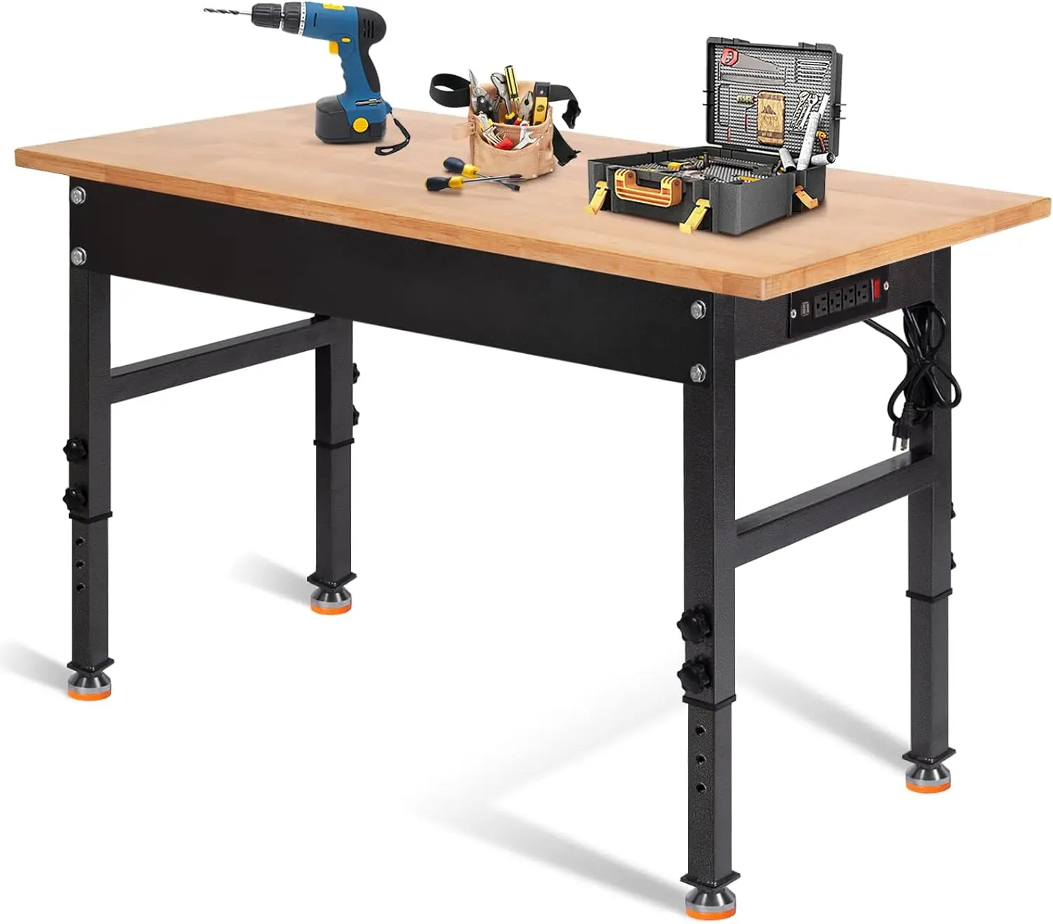 

48" Adjustable Work Bench, Rubber Wood Top Workbench Heavy-Duty Work Table with Power Outlet, 2000 LBS Load Capacity Hardwood